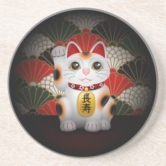 白い陶磁器のManeki Neko コースター (正面)