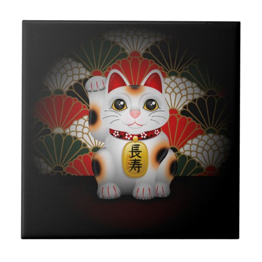 白い陶磁器のManeki Neko タイル (正面)