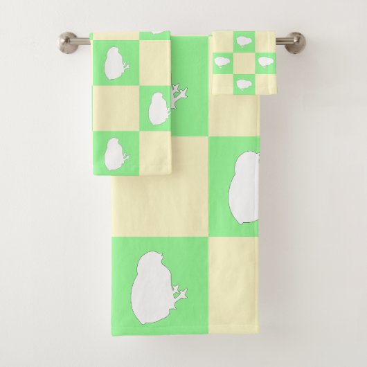 白い雛モチーフのイースターチェッカーボードパターン バスタオルセット (インサイチュ)