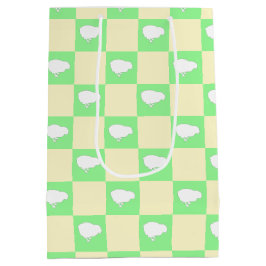白い雛モチーフのイースターチェッカーボードパターン ミディアムペーパーバッグ