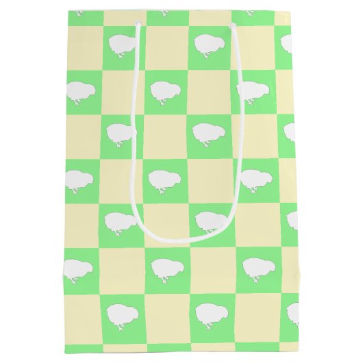 白い雛モチーフのイースターチェッカーボードパターン ミディアムペーパーバッグ (裏面)
