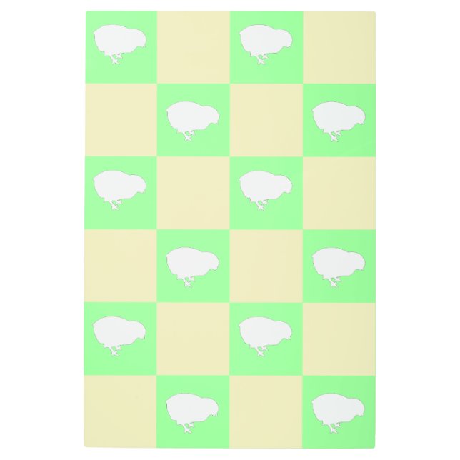 白い雛モチーフのイースターチェッカーボードパターン メタルプリント (正面)