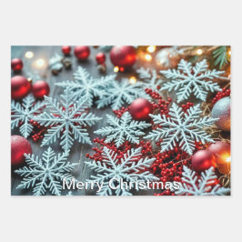 白い雪と明るい赤のオーナメント ラッピングペーパーシート