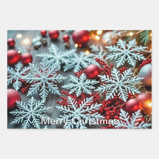 白い雪と明るい赤のオーナメント ラッピングペーパーシート (正面)