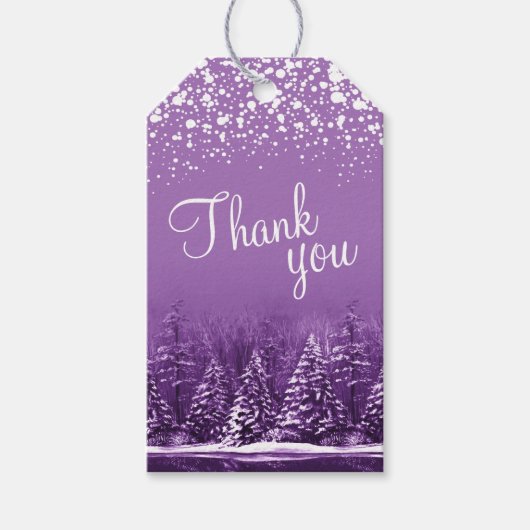 白い雪と紫の木の芸術をスクリプトありがとう ギフトタグ (正面)