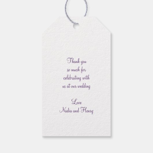 白い雪と紫の木の芸術をスクリプトありがとう ギフトタグ (裏面)