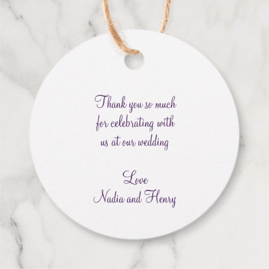 白い雪と紫の木の芸術をスクリプトありがとう フェイバータグ (裏面)