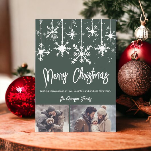 白い雪のエレガント緑のメリークリスマス2枚の写真 シーズンカード