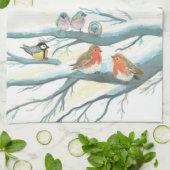 白い雪の冬の鳥 キッチンタオル (折り畳み)