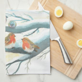 白い雪の冬の鳥 キッチンタオル (四つ折り)