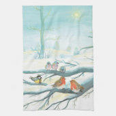 白い雪の冬の鳥 キッチンタオル (縦)