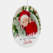 白い雪の初めてのクリスマス赤い格子柄の写真 メタルオーナメント (正面右)