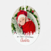 白い雪の初めてのクリスマス赤い格子柄の写真 メタルオーナメント (正面左)