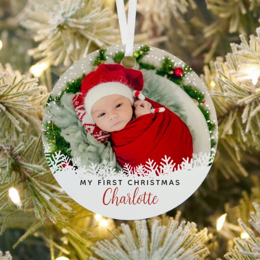 白い雪の初めてのクリスマス赤い格子柄の写真 メタルオーナメント (インサイチュ)