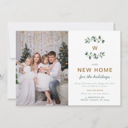 白い雪の実が動く家族のモノグラム写真 シーズンカード (正面)