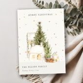 白い雪の木の家メリークリスマスグリーティング シーズンカード