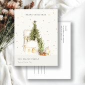 白い雪の木の家メリークリスマスグリーティング シーズンポストカード