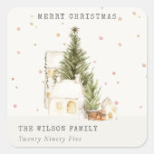 白い雪の木の家メリークリスマスグリーティング スクエアシール (正面)