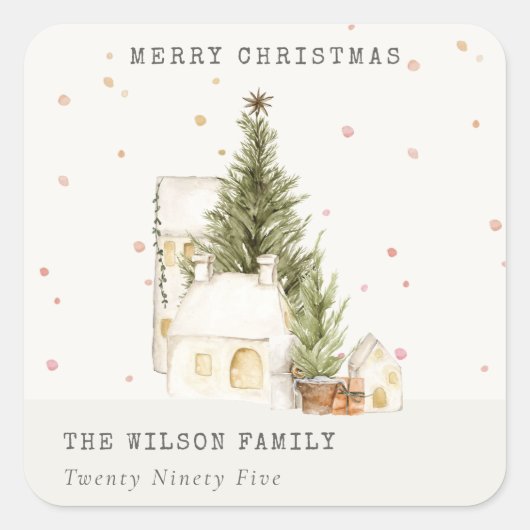 白い雪の木の家メリークリスマスグリーティング スクエアシール (正面)
