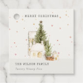 白い雪の木の家メリークリスマスグリーティング フェイバータグ (正面)