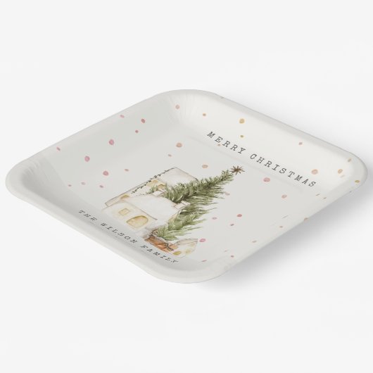白い雪の木の家メリークリスマスグリーティング ペーパープレート (傾斜あり)