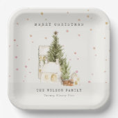 白い雪の木の家メリークリスマスグリーティング ペーパープレート (正面)