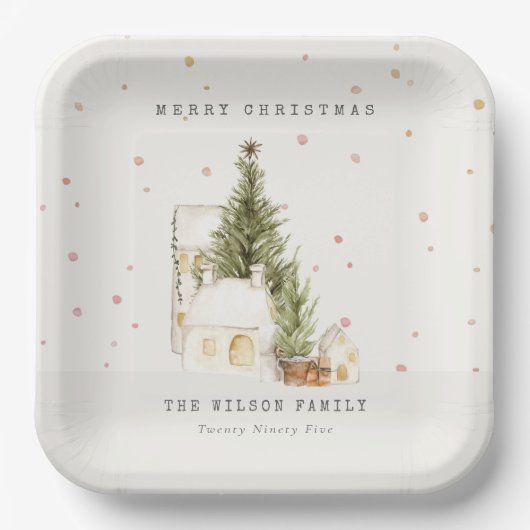 白い雪の木の家メリークリスマスグリーティング ペーパープレート (正面)