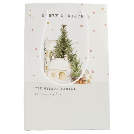 白い雪の木の家メリークリスマスグリーティング ミディアムペーパーバッグ (正面)