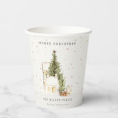 白い雪の木の家メリークリスマスグリーティング 紙コップ (正面)
