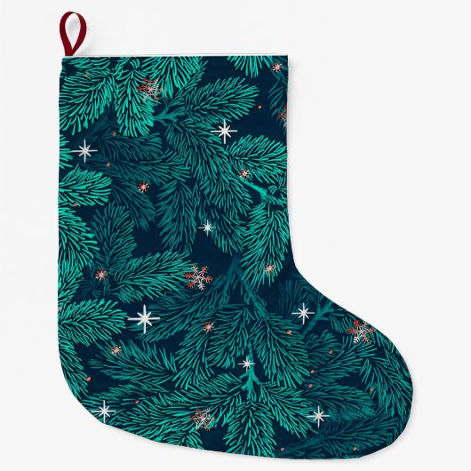 白い雪の結晶とティールカラーの松の枝 ラージクリスマスストッキング (正面)