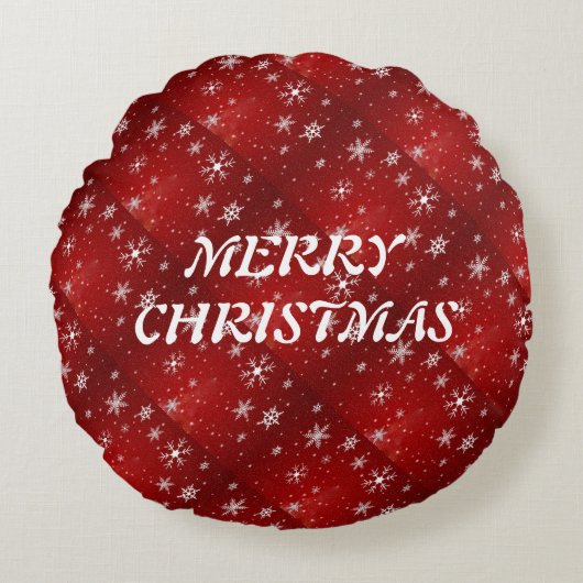 白い雪の結晶 赤い背景 丸いクッションカバー ラウンドクッション (正面)
