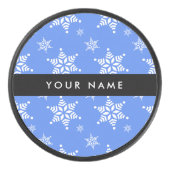 白い雪の結晶，青，あなたの名前，パーソナライズ アイスホッケーパック (正面)