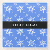 白い雪の結晶,青,あなたの名前,パーソナライズ ガラスコースター (正面)