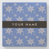 白い雪の結晶，青，あなたの名前，パーソナライズ ストーンコースター (正面)
