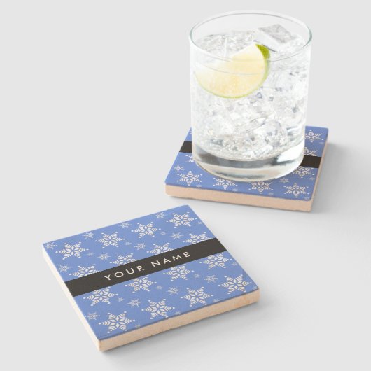 白い雪の結晶，青，あなたの名前，パーソナライズ ストーンコースター (横)