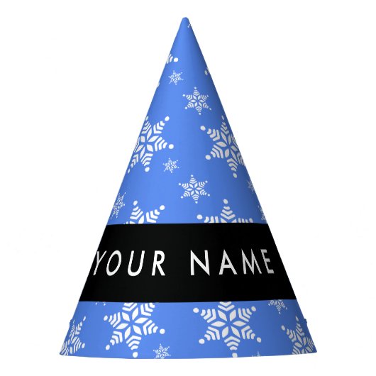 白い雪の結晶，青，あなたの名前，パーソナライズ パーティーハット (正面)