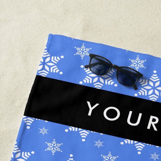 白い雪の結晶，青，あなたの名前，パーソナライズ ビーチタオル (インサイチュ)