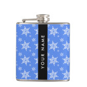 白い雪の結晶，青，あなたの名前，パーソナライズ フラスク (正面)