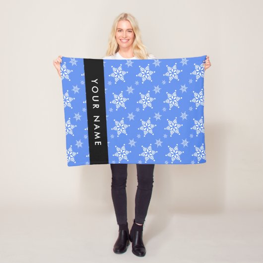 白い雪の結晶，青，あなたの名前，パーソナライズ フリースブランケット (インサイチュ)