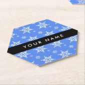 白い雪の結晶，青，あなたの名前，パーソナライズ ペーパーコースター (アングル)