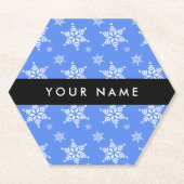 白い雪の結晶，青，あなたの名前，パーソナライズ ペーパーコースター (正面)