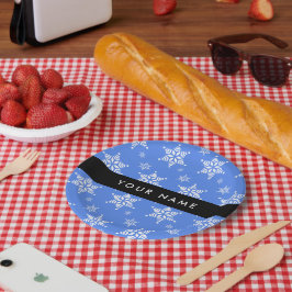 白い雪の結晶,青,あなたの名前,パーソナライズ ペーパープレート