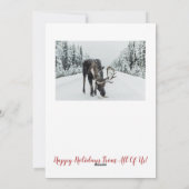 白い雪の野生の地でサンタクロースの帽子を被った鹿のクリスマスカードです シーズンカード (裏面)