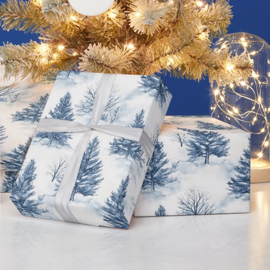 白い雪の青いクリスマスツリー ラッピングペーパー (クリスマス)