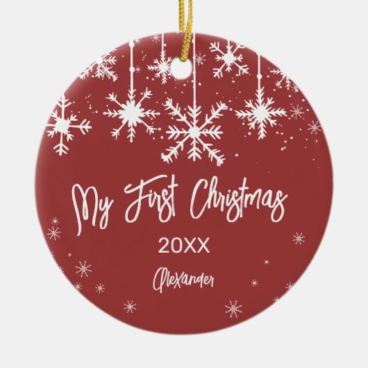 白い雪エレガント赤の私の初めてのクリスマス写真 セラミックオーナメント (正面)
