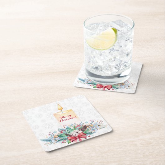 白い雪片とクリスマスの装飾 スクエアペーパーコースター (インサイチュ)