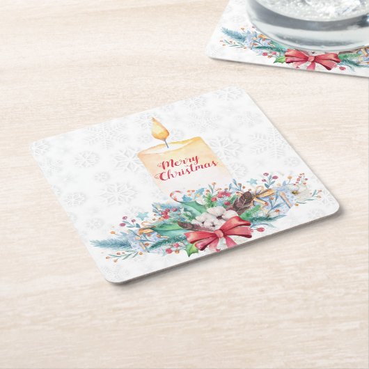 白い雪片とクリスマスの装飾 スクエアペーパーコースター (アングル)