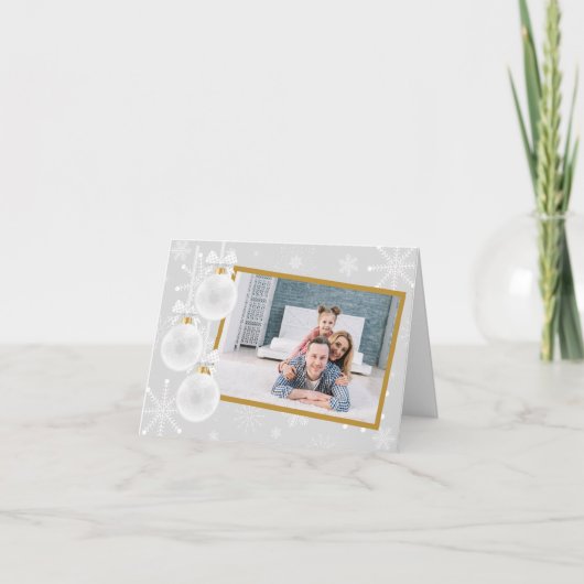 白い雪片のオーナメントはクリスマスの写真を折りました シーズンカード (正面)