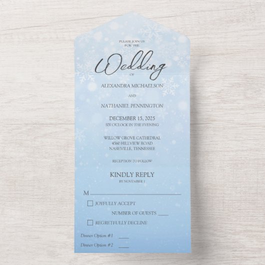 白い雪片を使用した青いグラデーション オールインワン招待状 (内側)