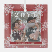 白い雪片ファミリーの写真パーソナライズされた赤 ガラスオーナメント (正面)